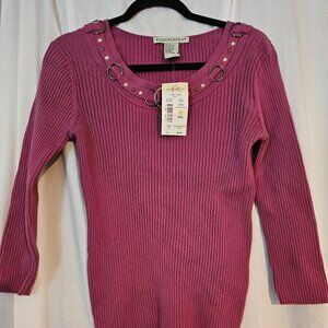 REQUIREMENTS Womens Sweater Size Med Purple Round Neck 3/4 Knit Ribbed NWT